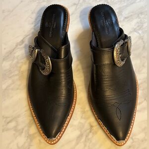 Seminyak Leather Bali - Western Black Mules with Silver Buckle.